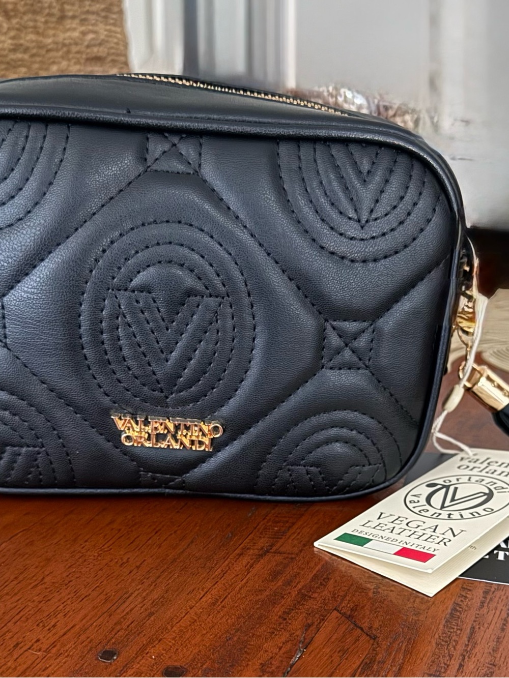 Valentino Orlandi Black Quilted Vegan Leather Crossbody with Gold Hardware